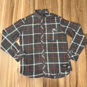 Billabong Men's Flannel Shirt M Plaid Long Sleeve Button Up Gray Orange Western